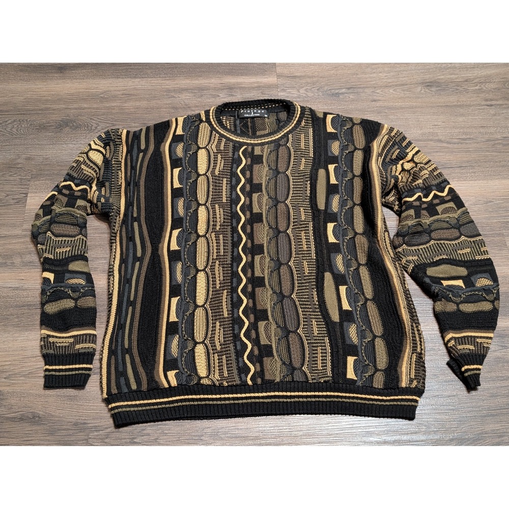 Protege Collection Mens Medium 3D Textured Knit Sweater Black Gold Coogi Style